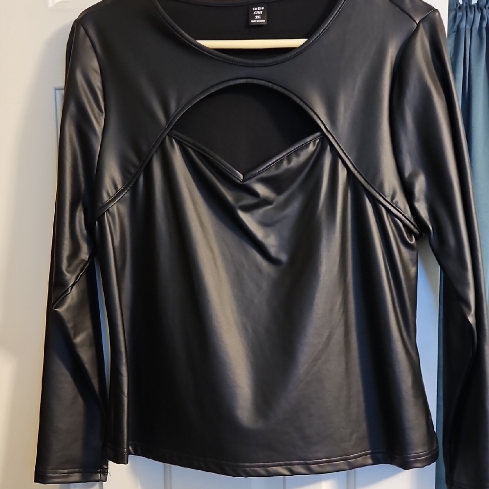 SHEIN Black Faux Leather Long Sleeve Top with Cutout Detail